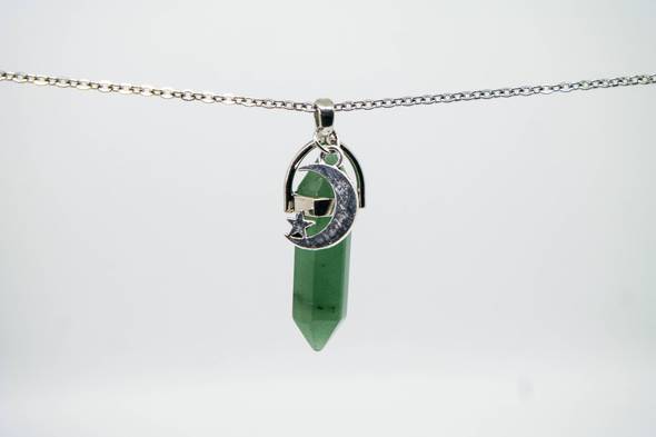 Foxfire Stones - Leather Cord - Green Aventurine Healing Stone Moon Necklace