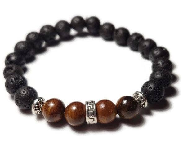Foxfire Stones - Black Braided Elastic - Old Soul / Rosewood Wood & Volcanic Lava Stone Bali Bead Spacer Healing Stone Bracelet