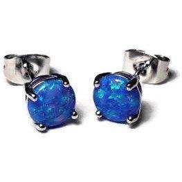Foxfire Stones - Tri Color Blue Opal Opalite 18k White Gold Plated Opal Stud Earrings 6MM Round Gemstone Stud For Women