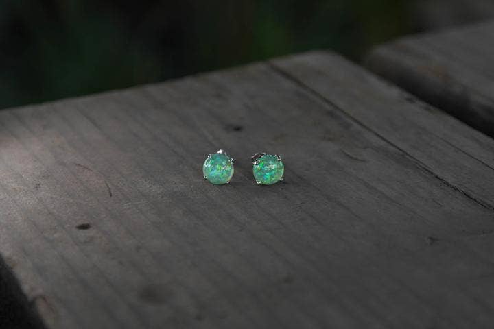 Foxfire Stones - Tri Color Green Opalite 925 Sterling Silver Round Cut Opal Stud Earring 7.5MM