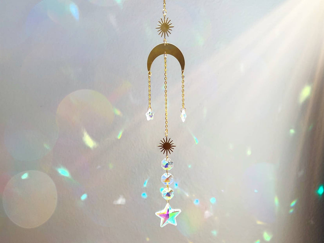 Moon and Star Crystal Suncatcher Rainbow Prism