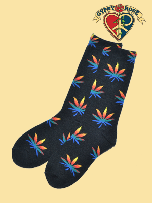 Holy Smokes Rainbow Hemp Leaf Tall Socks